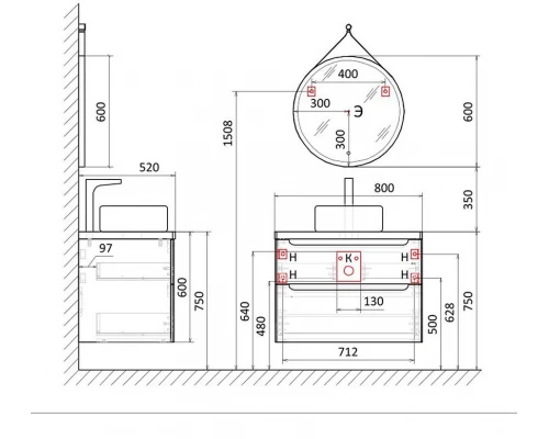 Тумба со столешницей и раковиной ES.M Aneta 80 см, ES01.80.ZP.W подвесная, белый
