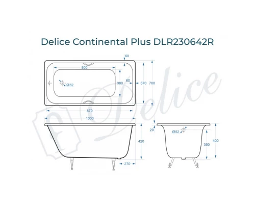 Ванна чугунная Delice Continental PLUS 100х70 с отверстиями под ручки DLR230642R