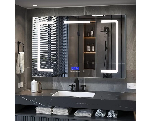 Зеркальный шкаф Art Decco Oceanic Charm AOC12080MC, 120 см, сенсорный, подсветка, часы, bluetooth-динамик, антизапотевание