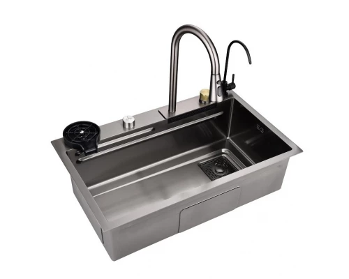 Кухонная мойка Art Decco Elegant Flow AEF116846, 68 см, со смесителем и дозатором, нержавеющая сталь, PVD графит