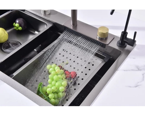 Кухонная мойка Art Decco Elegant Flow AEF116846, 68 см, со смесителем и дозатором, нержавеющая сталь, PVD графит