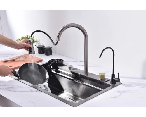 Кухонная мойка Art Decco Elegant Flow AEF117546, 75 см, со смесителем и дозатором, нержавеющая сталь, PVD графит