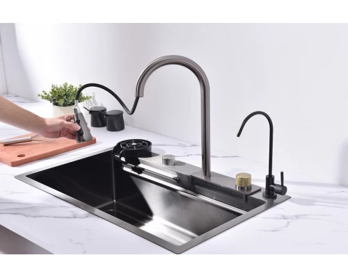 Кухонная мойка Art Decco Elegant Flow AEF117546, 75 см, со смесителем и дозатором, нержавеющая сталь, PVD графит