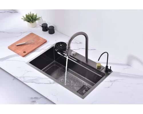 Кухонная мойка Art Decco Elegant Flow AEF117546, 75 см, со смесителем и дозатором, нержавеющая сталь, PVD графит