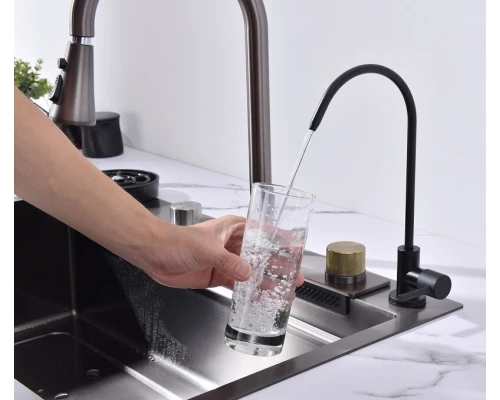 Кухонная мойка Art Decco Elegant Flow AEF117546, 75 см, со смесителем и дозатором, нержавеющая сталь, PVD графит