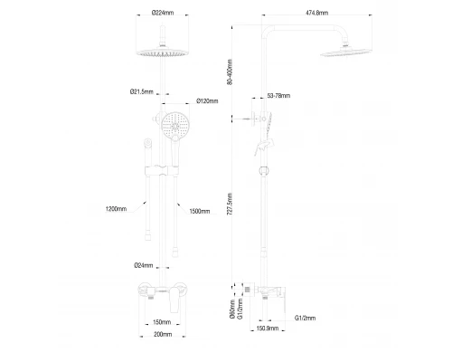 Душевая система с техническим душем WONZON & WOGHAND, Хром (WW-A30874-CR)