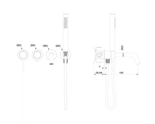 Смеситель для ванны встраиваемый WONZON & WOGHAND STICK, Брашированный никель (WW-889017-BN)