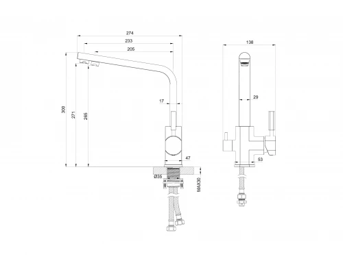 Смеситель для кухни с подключением фильтра WONZON & WOGHAND, Черный матовый (WW-88458003-MB)