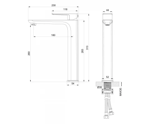 Смеситель для раковины высокий WONZON & WOGHAND EDGE, Темный графит (WW-88239003-BGM)