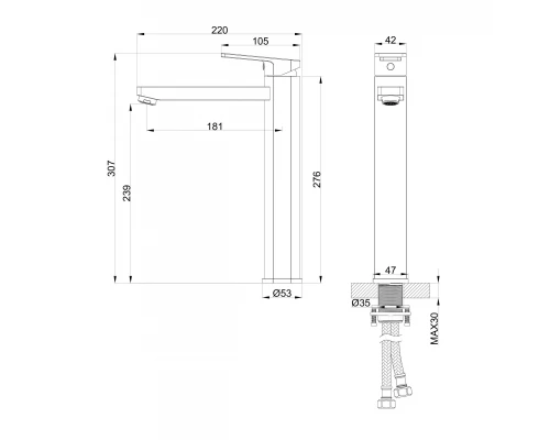 Смеситель для раковины высокий WONZON & WOGHAND FRAME, Черный матовый (WW-88239010-MB)