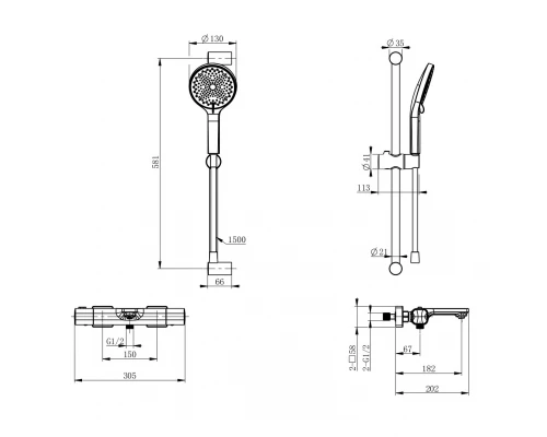 Смеситель для ванны с душевым гарнитуром и термостатом WONZON & WOGHAND SOLID, Брашированное золото (WW-C2011-A-BG)