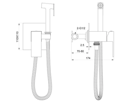Смеситель с гигиеническим душем встраиваемый WONZON & WOGHAND CUBE, Темный графит (WW-88829016-BGM)