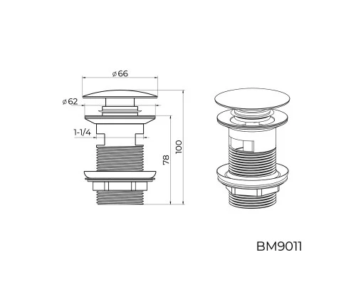 Донный клапан для раковины с переливом Knotlor BM9011GM, оружейная сталь