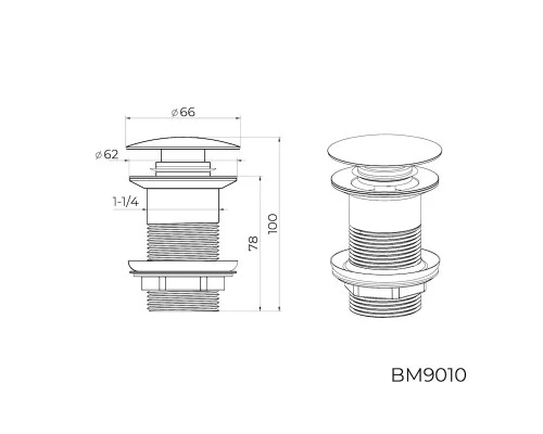 Донный клапан для раковины без перелива Knotlor BM9010GM, оружейная сталь