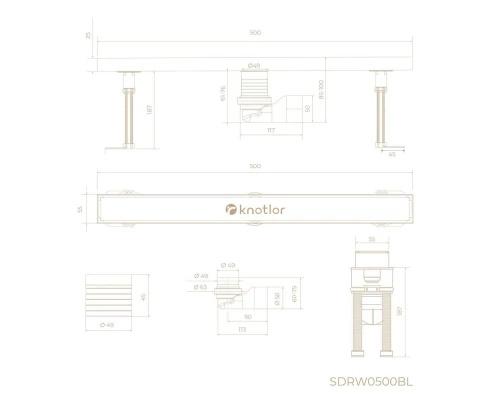 Душевой трап линейный Knotlor SDRW0500BL, матовый черный