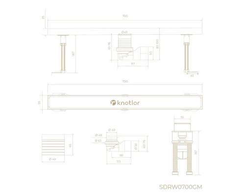 Душевой трап линейный Knotlor SDRW0700GM, вороненая сталь