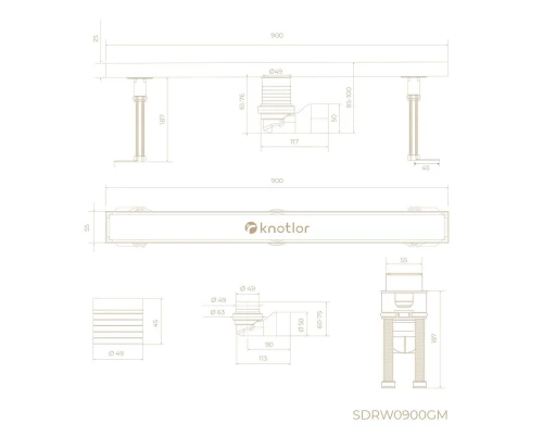 Душевой трап линейный Knotlor SDRW0900GM, вороненая сталь