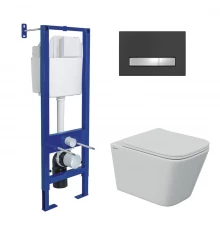 Комплект: инсталляция АТОМ Line черная/хром, унитаз FLOE S Rimless 51 см, сидение дюропласт Floe S S