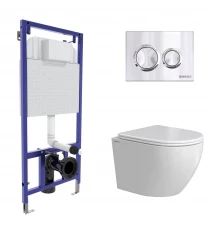 Комплект: инсталляция NOVUM кнопка O3 хром глянец, унитаз OKUS Rimless 49 см, сиденье дюропласт микр