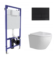 Комплект: инсталляция NOVUM кнопка L5 Soft Touch черная, унитаз OKUS Rimless 49 см, сиденье дюроплас
