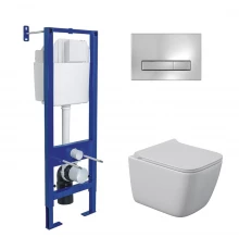 Комплект: инсталляция АТОМ Line кнопка хром глянец, унитаз QUATTRO S Rimless 49 см, сидение дюроплас