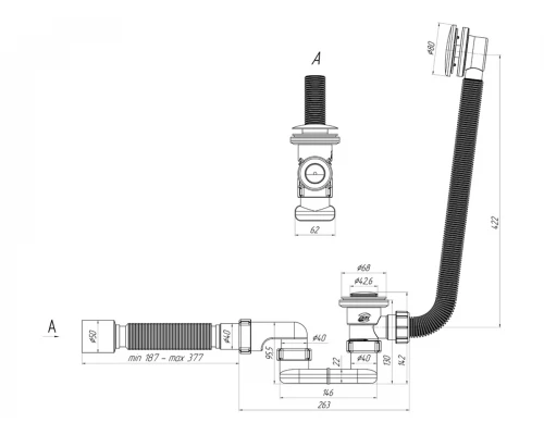 Сифон Ани для ванны клик-клак плоский с выпуском и переливом с г/т 375*40*50, (сетка) ANI PLAST