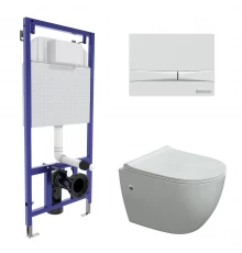 Комплект для монтажа подвесного унитаза: инсталляция NOVUM525, кнопка F1 белая, унитаз OKUS, сиденье