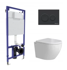 Комплект: инсталляция NOVUM кнопка O5 Soft Touch черная, унитаз OKUS Rimless 49 см, сиденье дюроплас