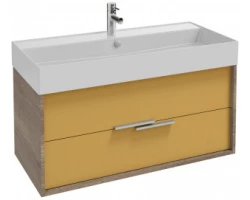 [457047] Тумба под раковину Jacob Delafon Vivienne 100 см, корпус дуб табак, фасад императорский жёлтый сатин, ручки хром, EB150 +80460 ₽