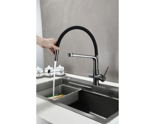 Смеситель "WaterHouse" для кухни с гибким съемным изливом и подключением к фильтру из латуни (графит)