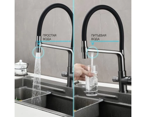 Смеситель "WaterHouse" для кухни с гибким съемным изливом и подключением к фильтру из латуни (графит)