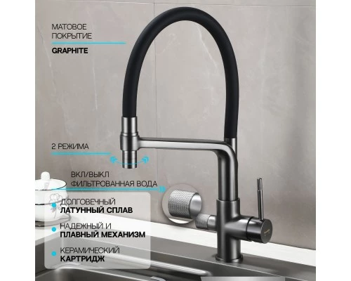Смеситель "WaterHouse" для кухни с гибким съемным изливом и подключением к фильтру из латуни (графит)