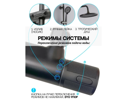 Душевая система с тропическим душем смесителем и термостатом из латуни WaterHouse (графит)