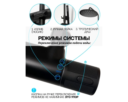 Душевая система с тропическим душем смесителем и термостатом из латуни WaterHouse (черный матовый)