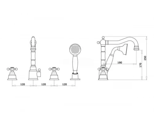 Смеситель на борт ванны на 4 отверстия с поворотным изливом Ganzer GZ09033