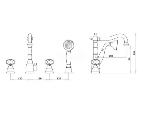 Смеситель на борт ванны с лейкой и шлангом Ganzer GZ09034 хром, врезной на 4 отверстия, из латуни