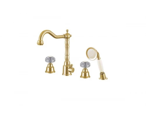 Смеситель на борт ванны с лейкой и шлангом Ganzer GZ09034-E золото, врезной на 4 отверстия, из латуни