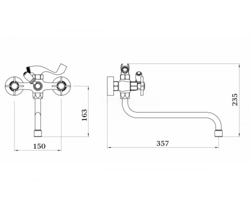 Смеситель с двумя вентилями для ванны, оснащённый лейкой и шлангом Ganzer GZ15041 хром