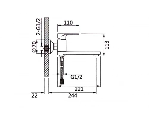 Смеситель для ванны и душа из латуни с лейкой и шлангом Hansen HL32016 хром