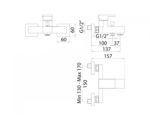 FELL Смеситель для ванны настенный с душ.гарнитуром,matt black