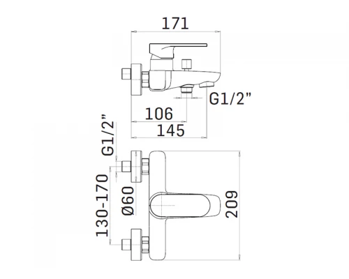 SADLER Смеситель для ванны настенный с душ.гарнитуром,Matt black
