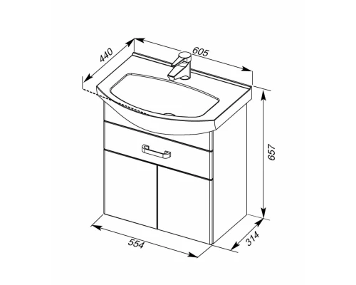 Тумба под раковину Aquanet Ирис 60, 1 ящик, 2 дверцы, 00198381