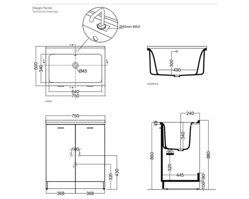 Комплект для постирочной Kerasan Aquadom 9164k3*1, 75 x 50 см с 1 отверстием под смеситель, белый матовый