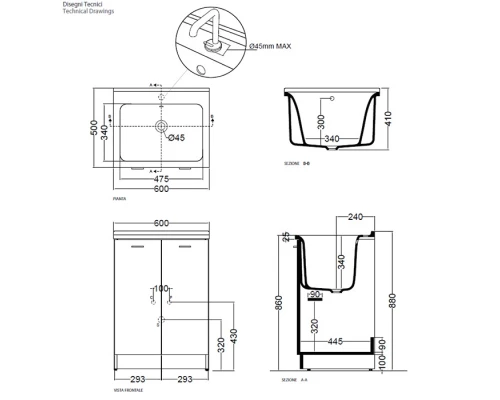 Комплект для постирочной Kerasan Aquadom 9166k3*1, 60 x 50 см с 1 отверстием под смеситель, белый матовый