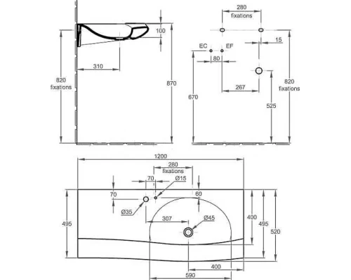 Раковина Jacob Delafon Stillness E1292-00, 120*52 см, с отверстием для ручки донного клапана