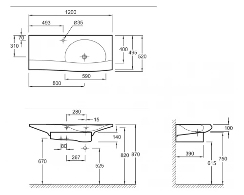 Раковина Jacob Delafon Stillness E1292-00, 120*52 см, с отверстием для ручки донного клапана