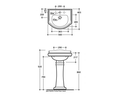 Раковина Kerasan Retro 104501*1, с 1 отв. под смеситель, 56*46,5 см