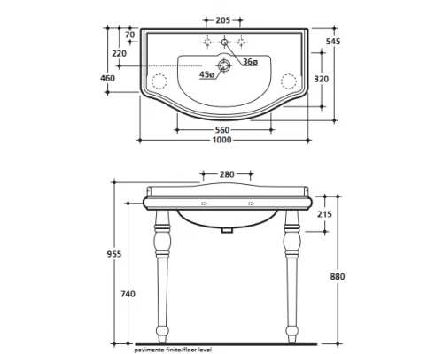 Раковина Kerasan Retro, 100 х 54,5 см, с тремя отверстиями, белая