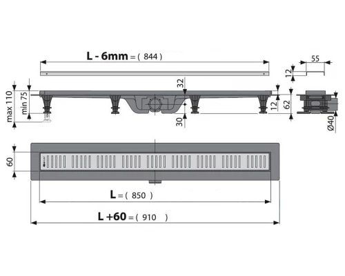 Душевой лоток AlcaPlast APZ10-Simple 850 с решеткой и опорами (APZ10-850M)