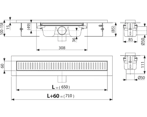 Водоотводящий желоб AlcaPlast APZ1SMART-LINE-650 с порогами для перфорированной решетки